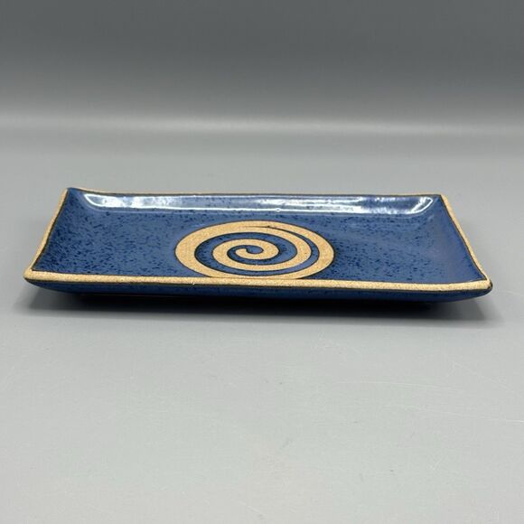 Art Studio Blue Rectanglar Tray Plate Spiral Glazed & Unglazed Vanity 8.5" L - Picture 6 of 6